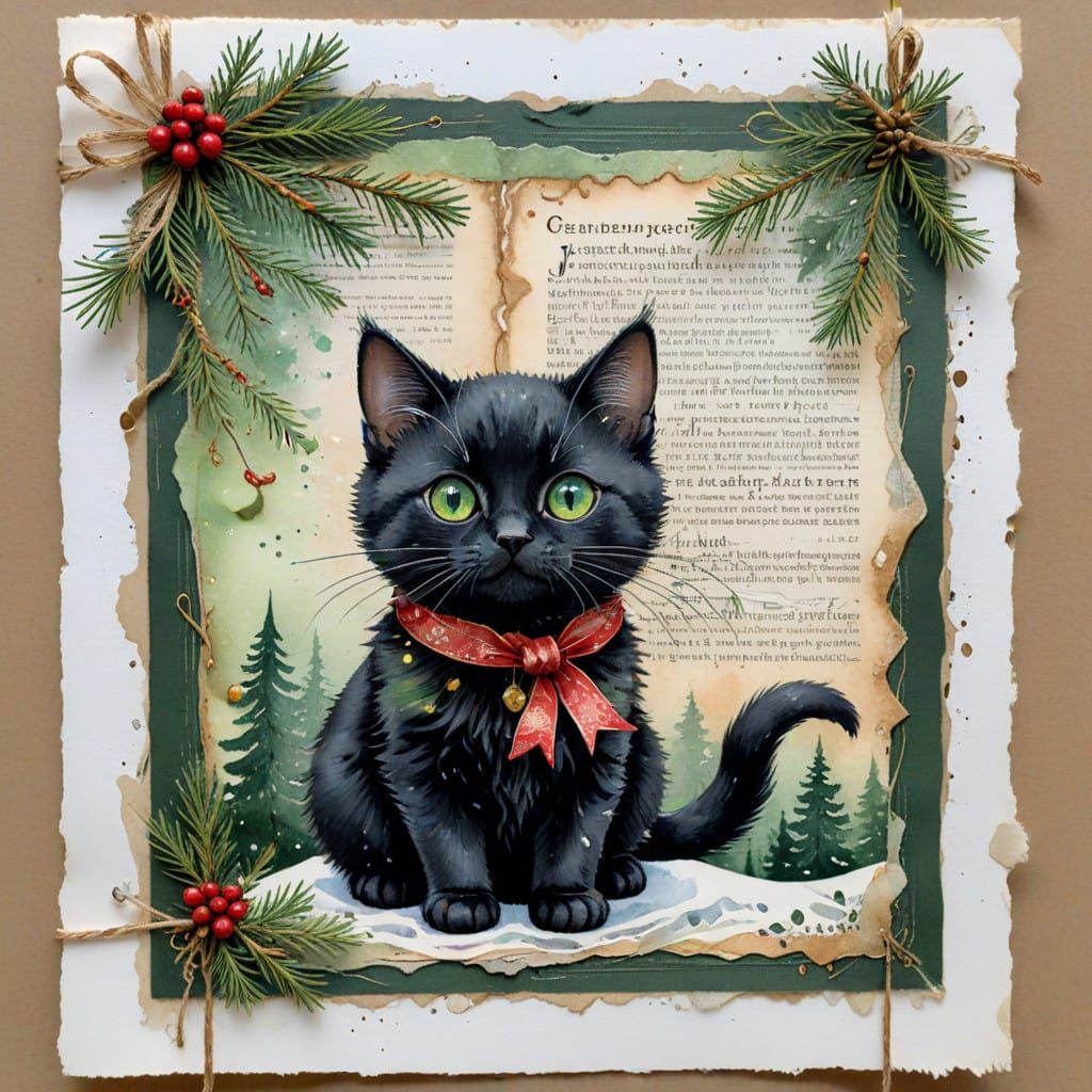 Whimsical Christmas Chibi Cat in Vintage Watercolor Style