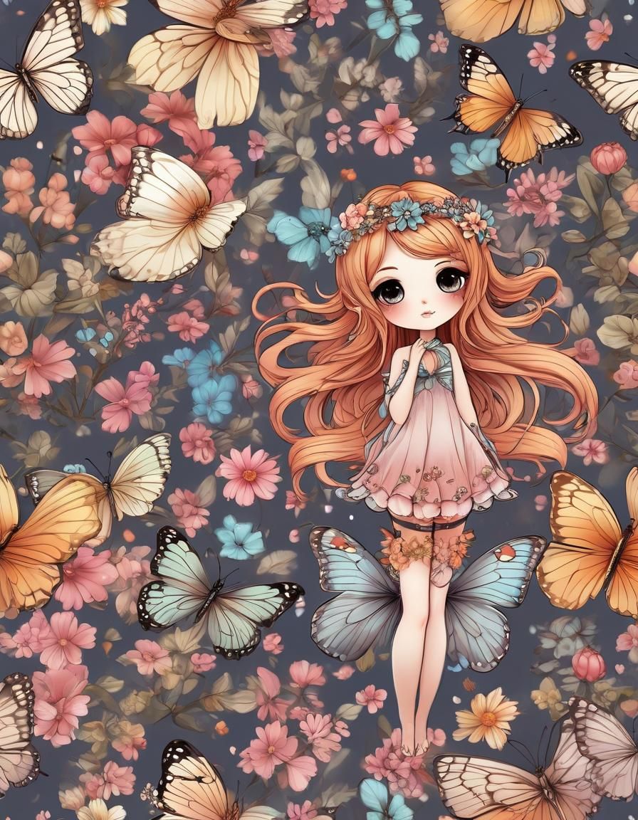 Charming Butterfly Chibi Fairy with Flowers