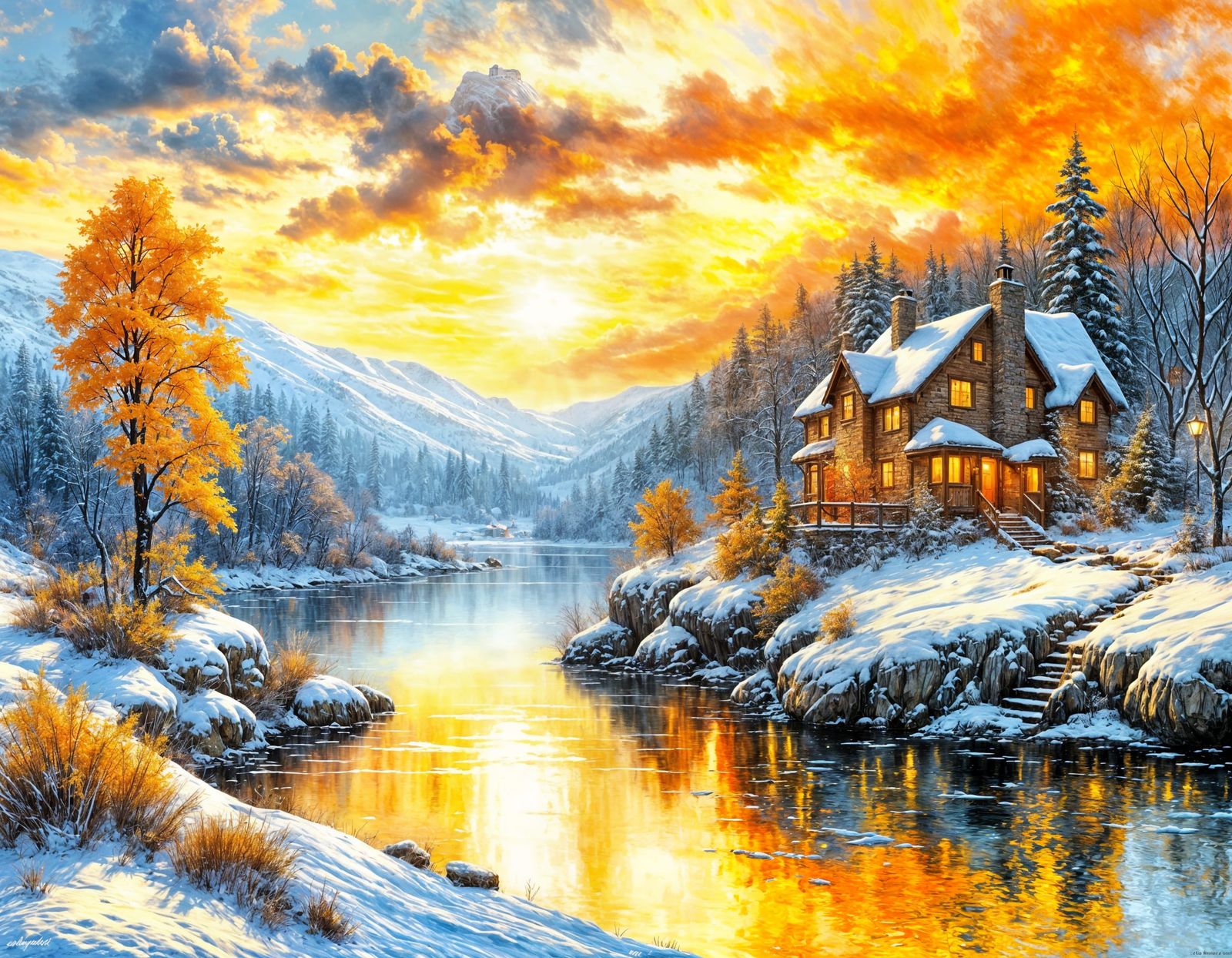 Impressionist Snowy Landscape with Cottage Oil Painting