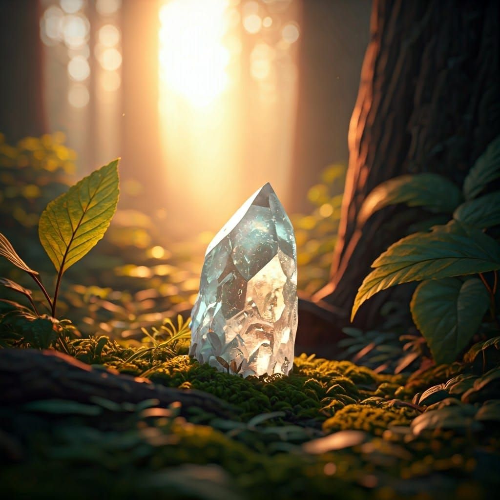 Ethereal Crystal in Forest Bathed in Sunshine