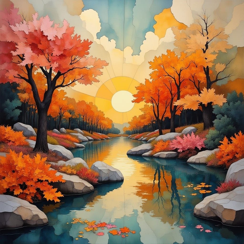 Surreal Origami Garden at Sunrise in Divine Oil Style