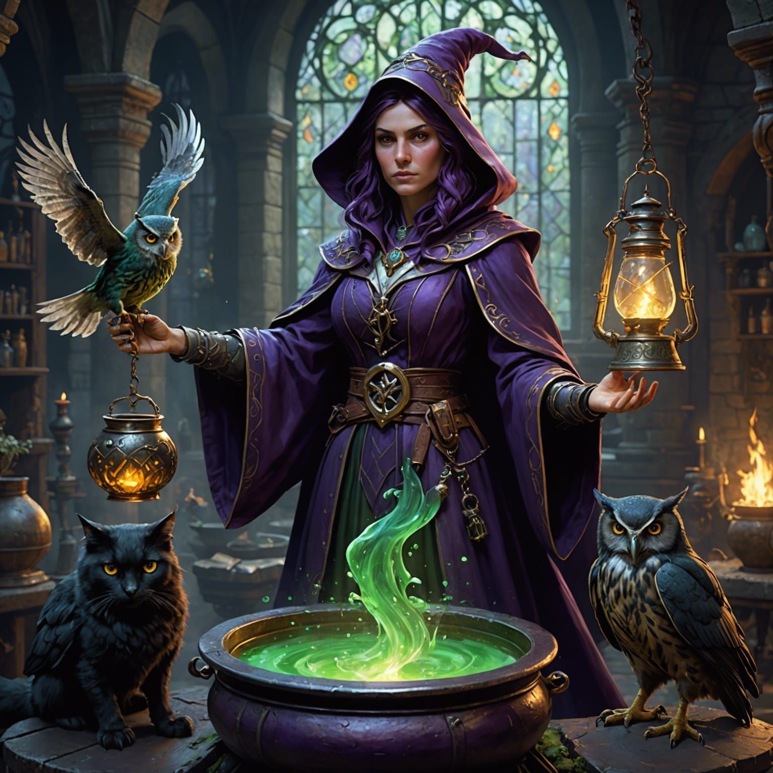 Fantasy Alchemist with Cat, Dark Fantasy Concept Art