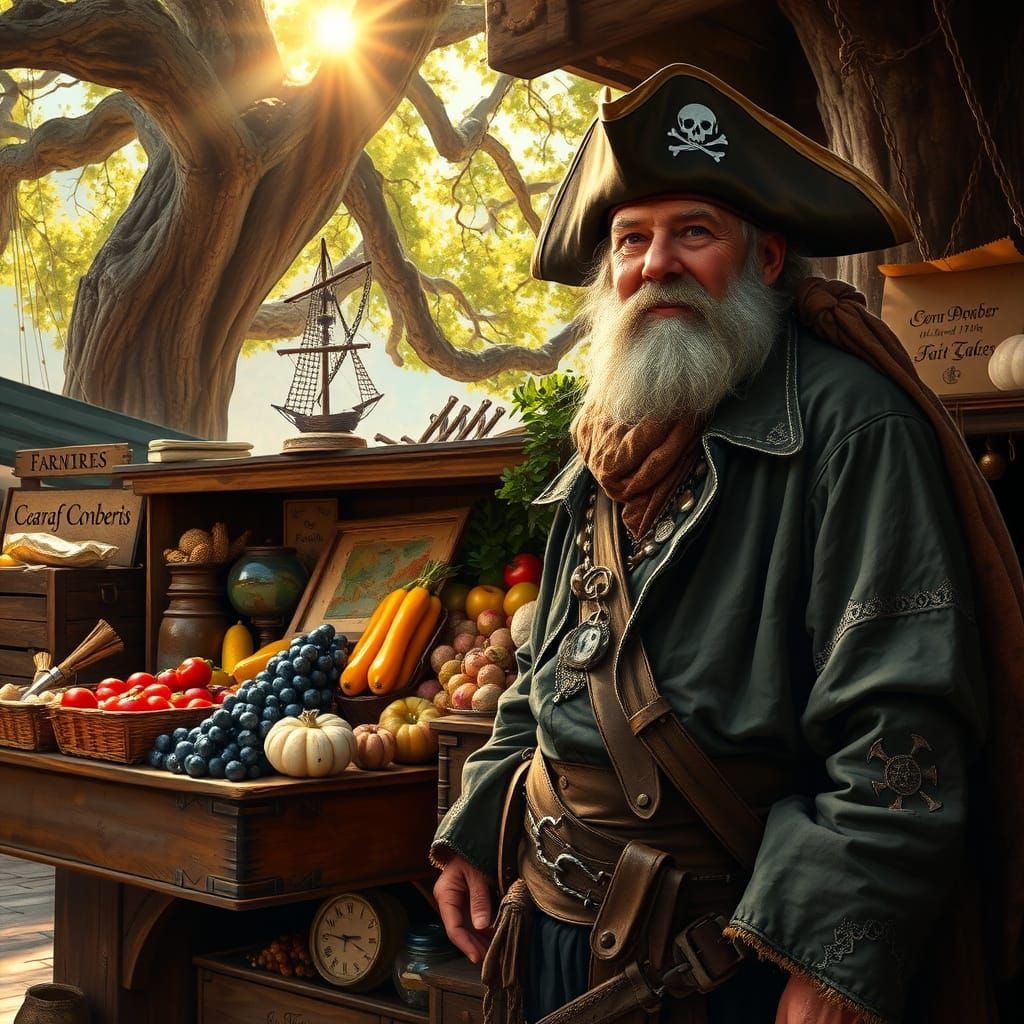 A grizzled old pirate captain, helping his family sell veget...