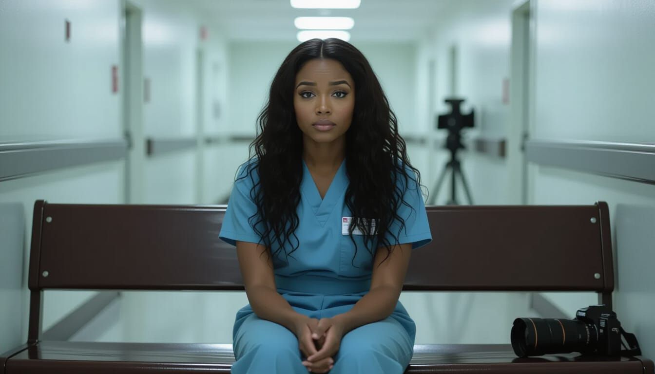 Worn Nurse in Dim Hallway: Cinematic Portrait