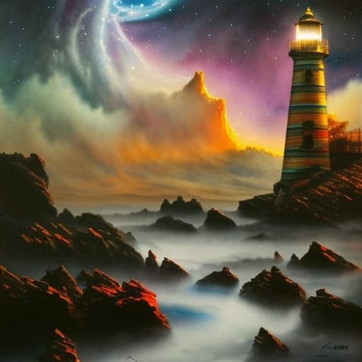 Expressionistic Lighthouse Shines Above Cosmic Clouds