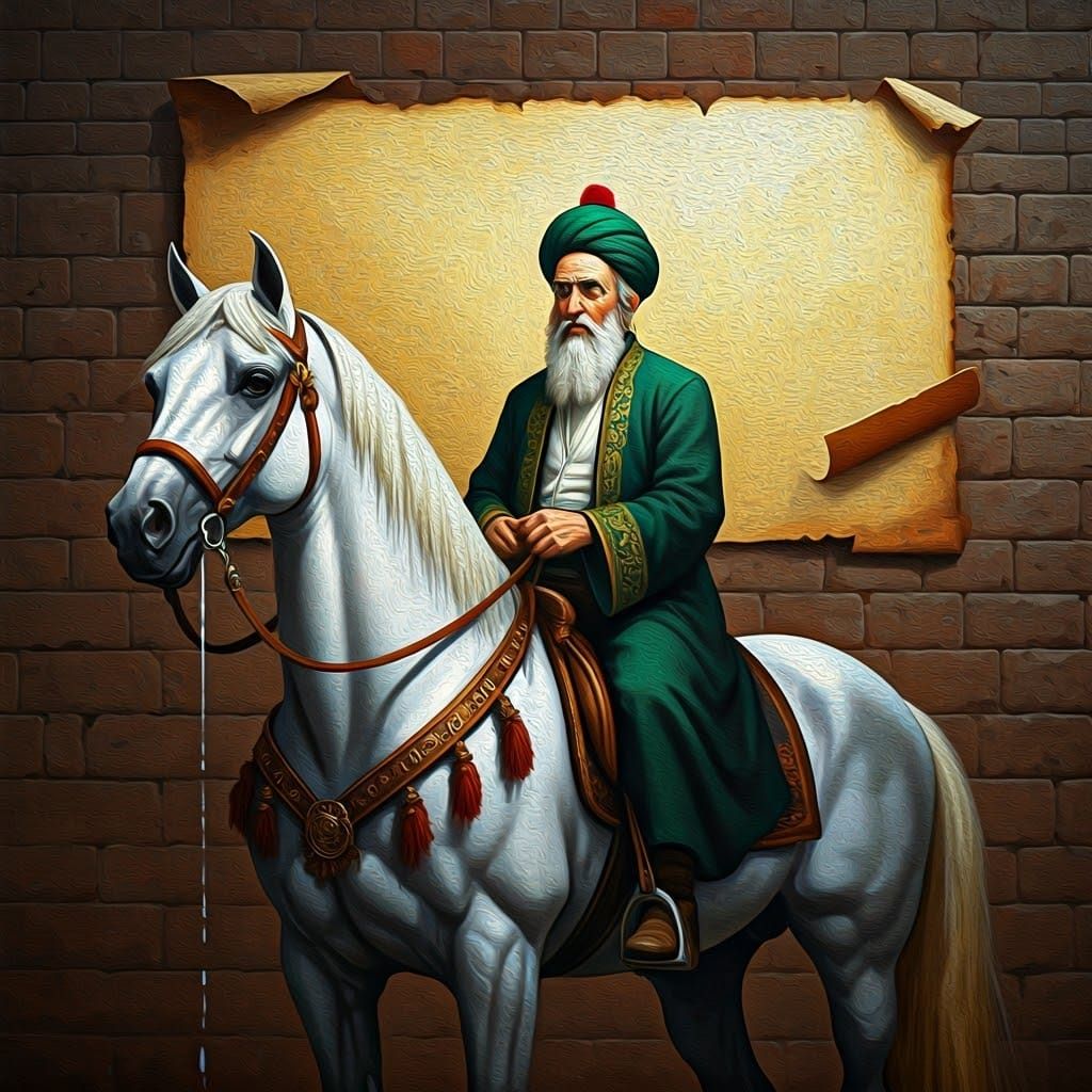 Majestic Oil Painting of Regal Figure on Horse, Beside Brick...