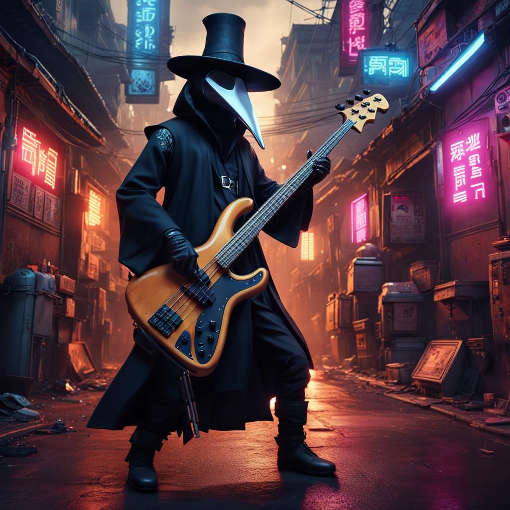 Cyberpunk Plague Doctor Plays Bass in Asian Alley