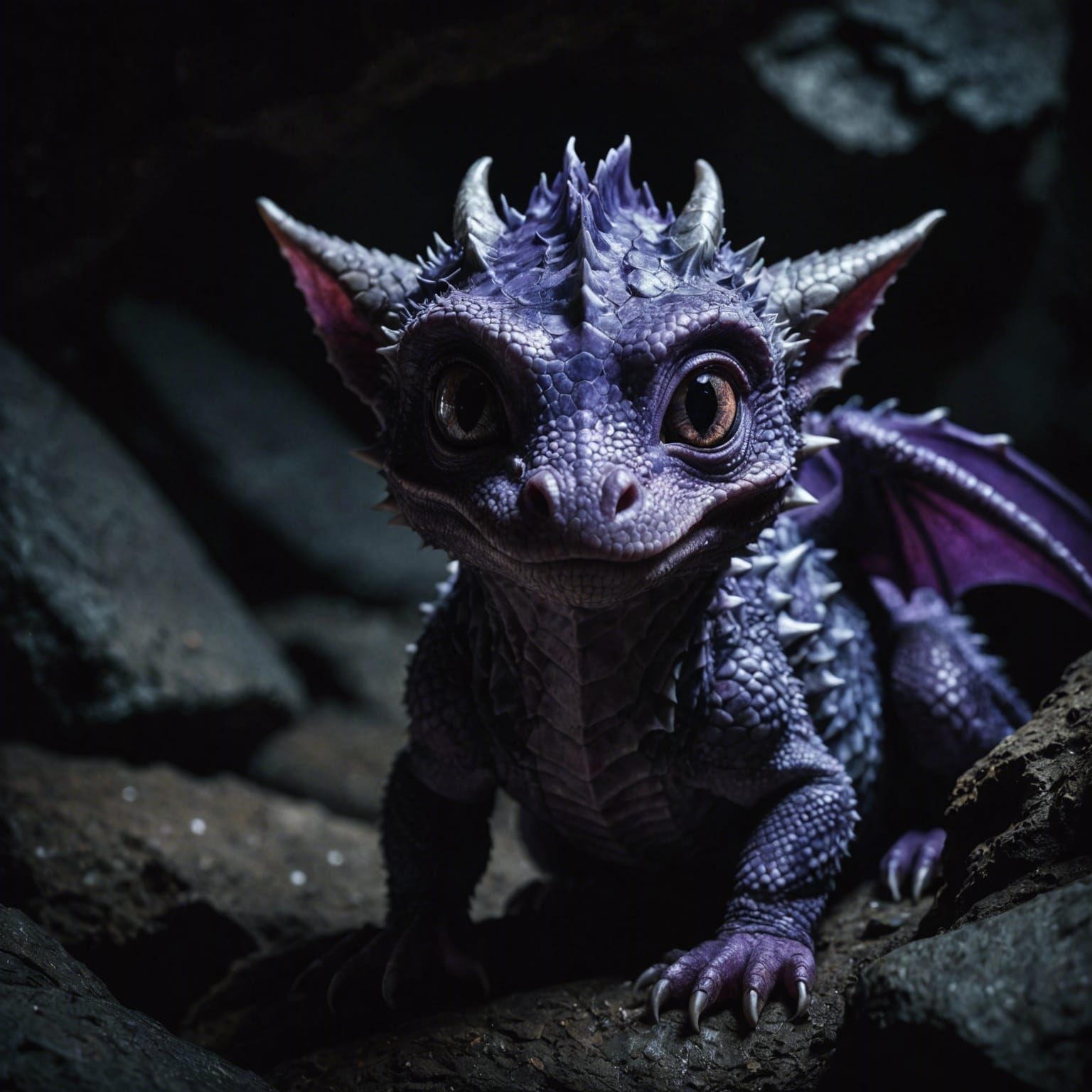 Violet Dragon Portrait in Dark Cave