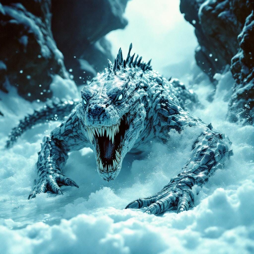 Armored Ice Lizard Swimming in Frozen Waters