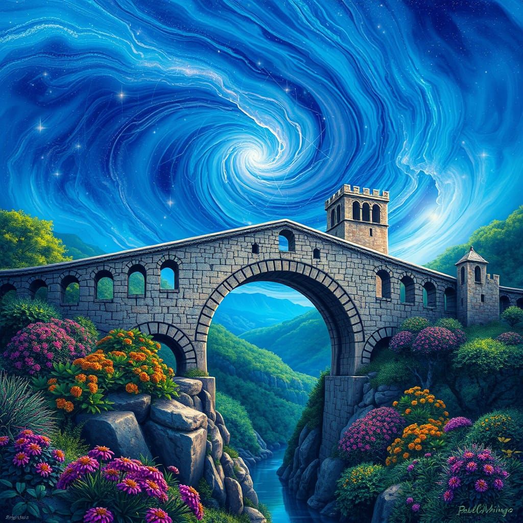 Cosmic Devil's Bridge in Dreamlike Holographic Style