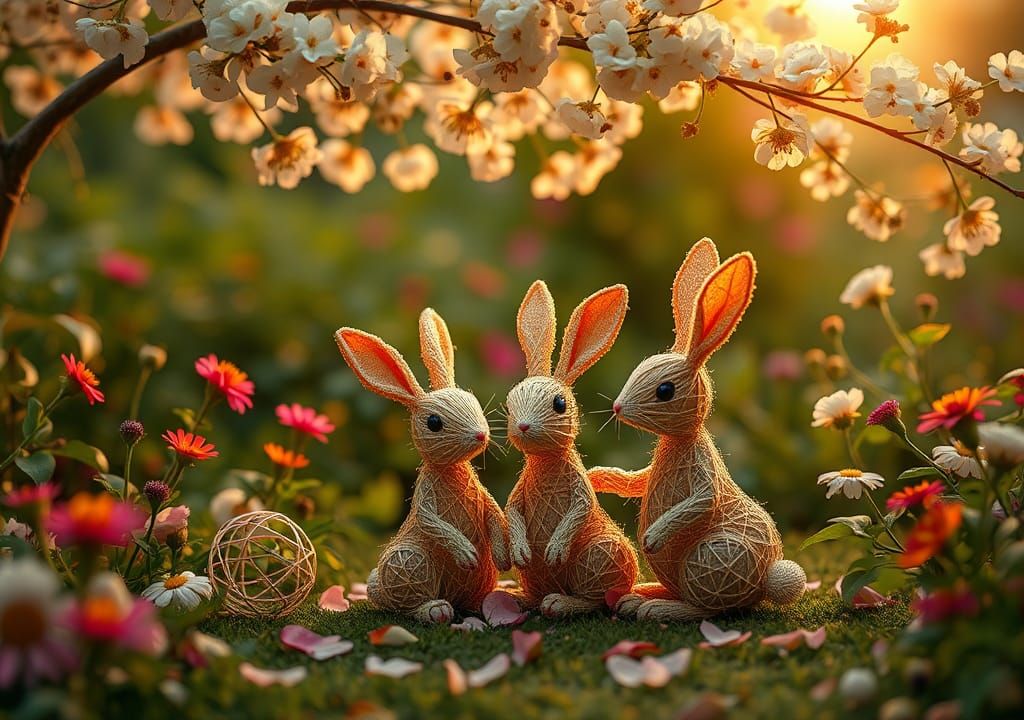 String Rabbit Family in Ethereal Garden