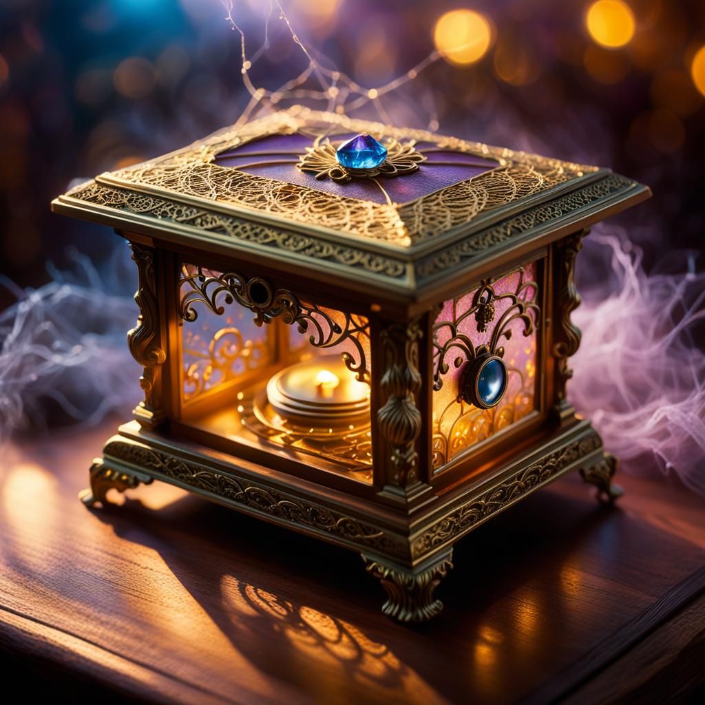 An abandoned music box that plays on its own, surrounded by cobwebs and dim lighting.
