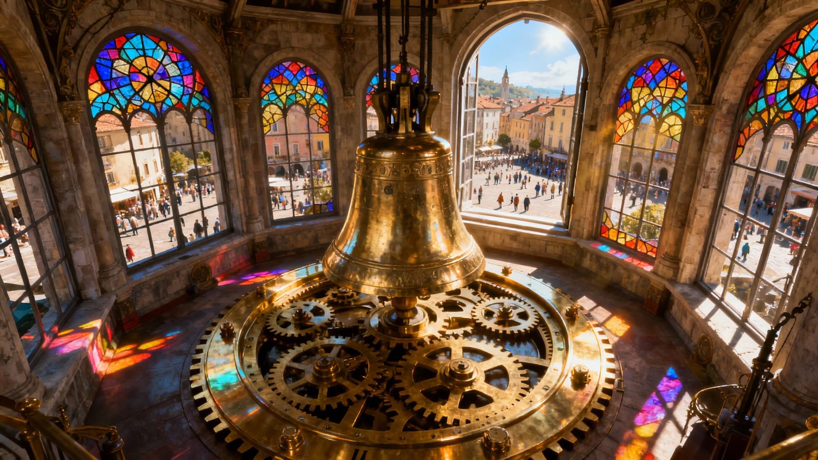 Inside Clock Tower: Brass Bell & Town Square View