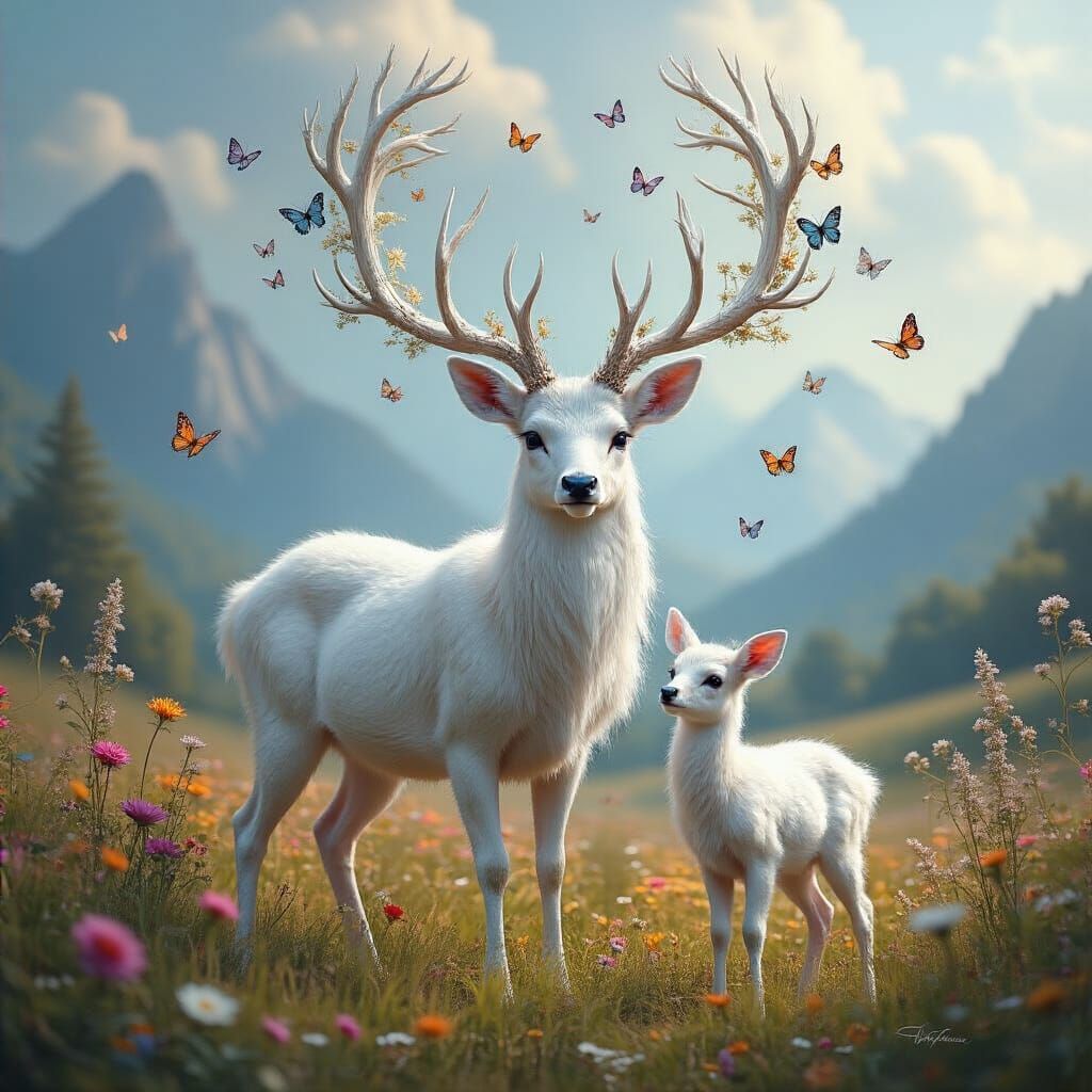 Majestic White Deer with Butterflies in Mystical Landscape