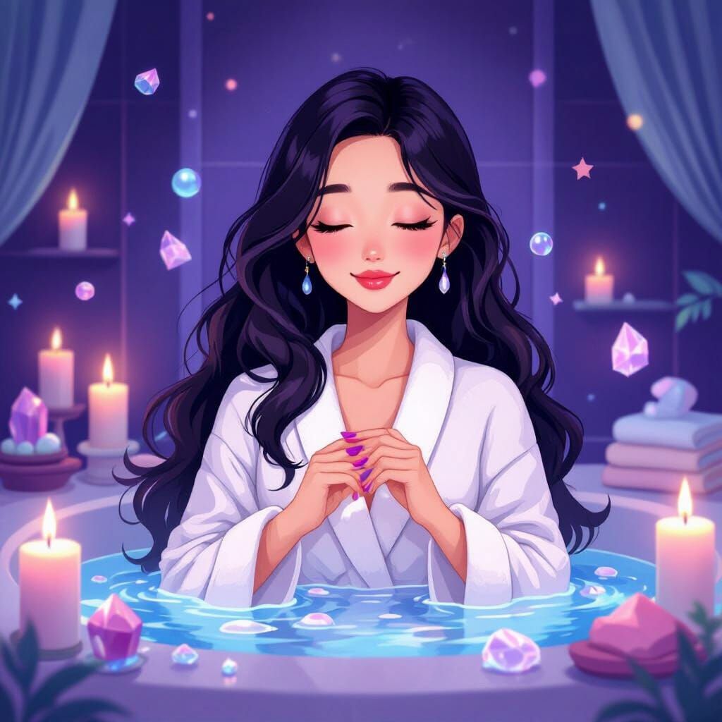 Asian Woman Relaxing in Bubble Bath, Miyazaki Style