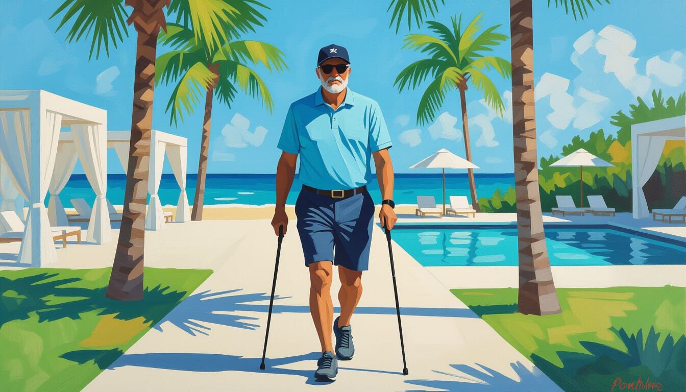 Confident Man Walking in Gouache Resort Scene