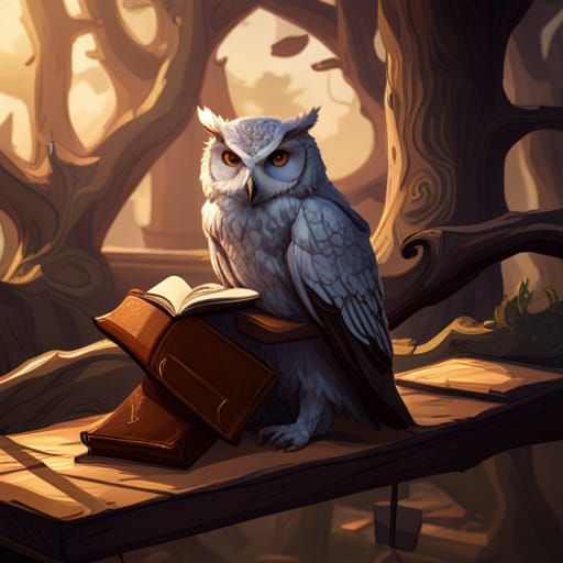 Owl Reading Book on Branch, Art Nouveau Style