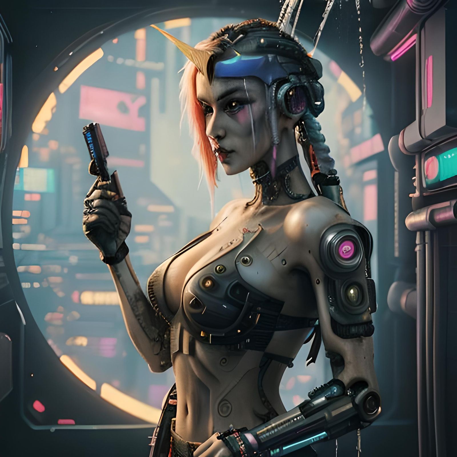 (cyberpunk: 1.5) petite blonde woman taking a shower