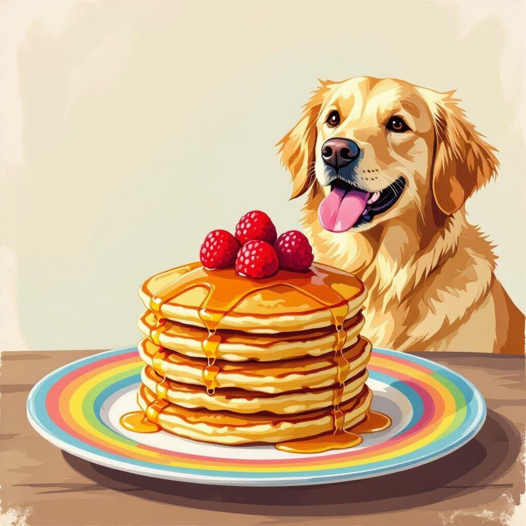 Fluffy Pancakes with Eager Dog in Whimsical Art Style