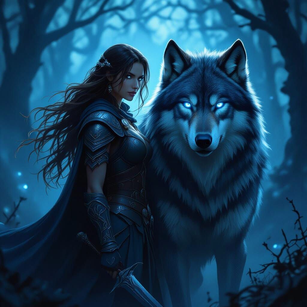 Warrior Woman and Dire Wolf Family in Ethereal Blue Glow