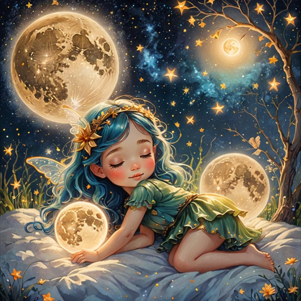 Fairies Sleeping on Bioluminescent Moon in Ethereal Fantasy