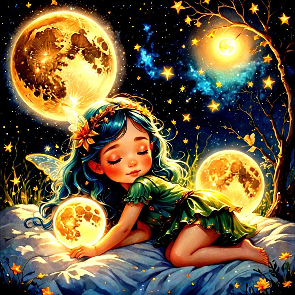 Fairies Sleeping on Bioluminescent Moon in Galaxy