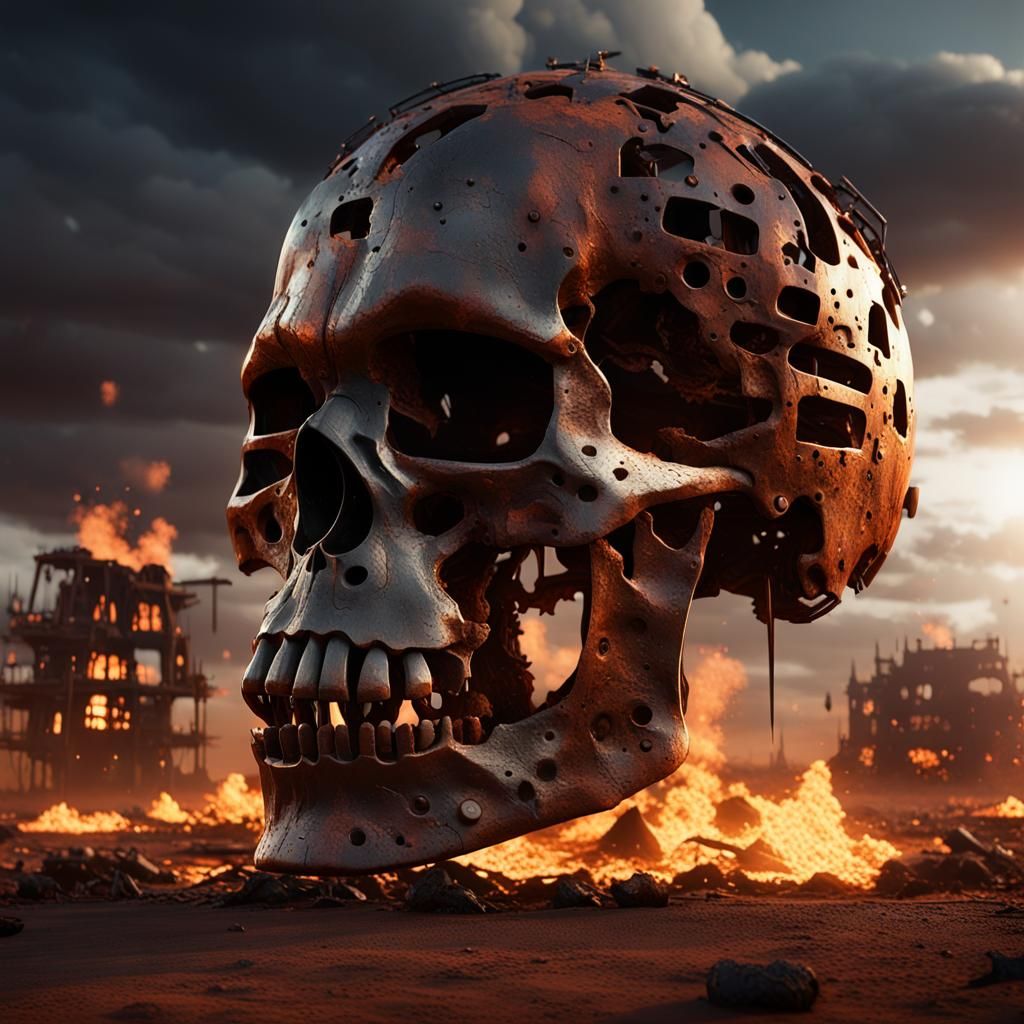 Apocalyptic Rusty Skull in Sci-Fi Landscape
