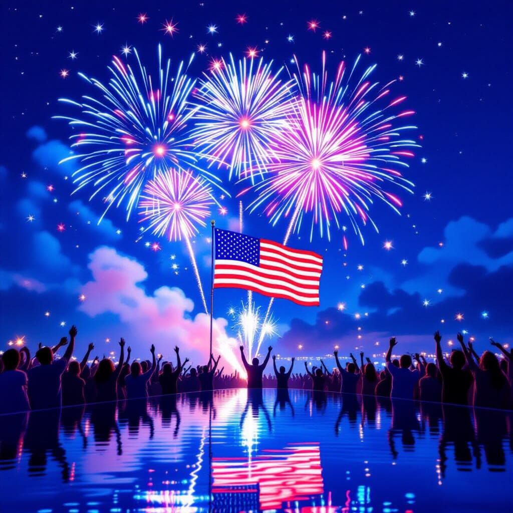 Vibrant 4th of July Fireworks Over Silhouetted Flag