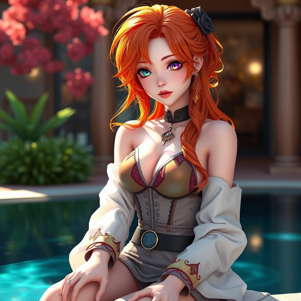 Anime Woman with Fiery Hair by Reflection Pool