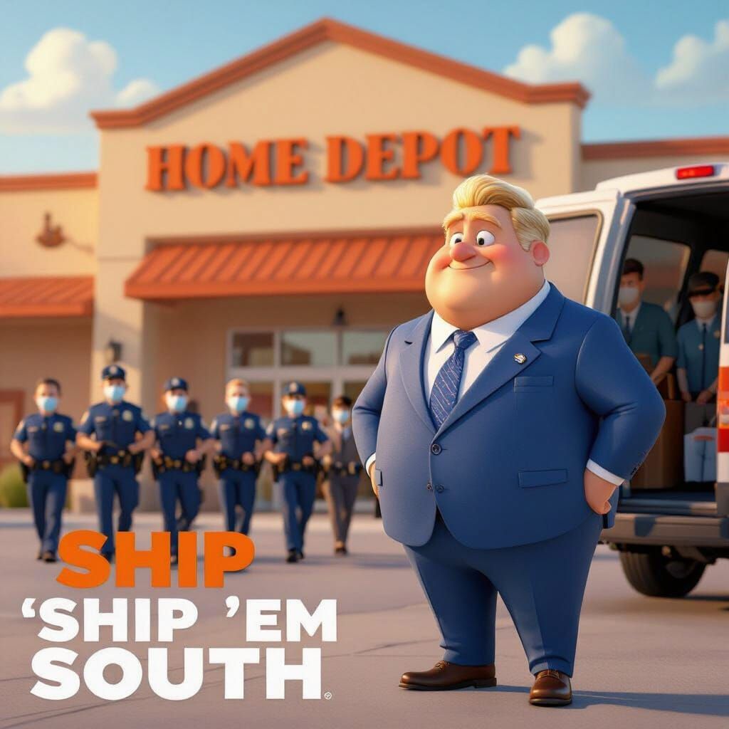 Pixar-Style Poster: Man at Home Depot with Police Escort