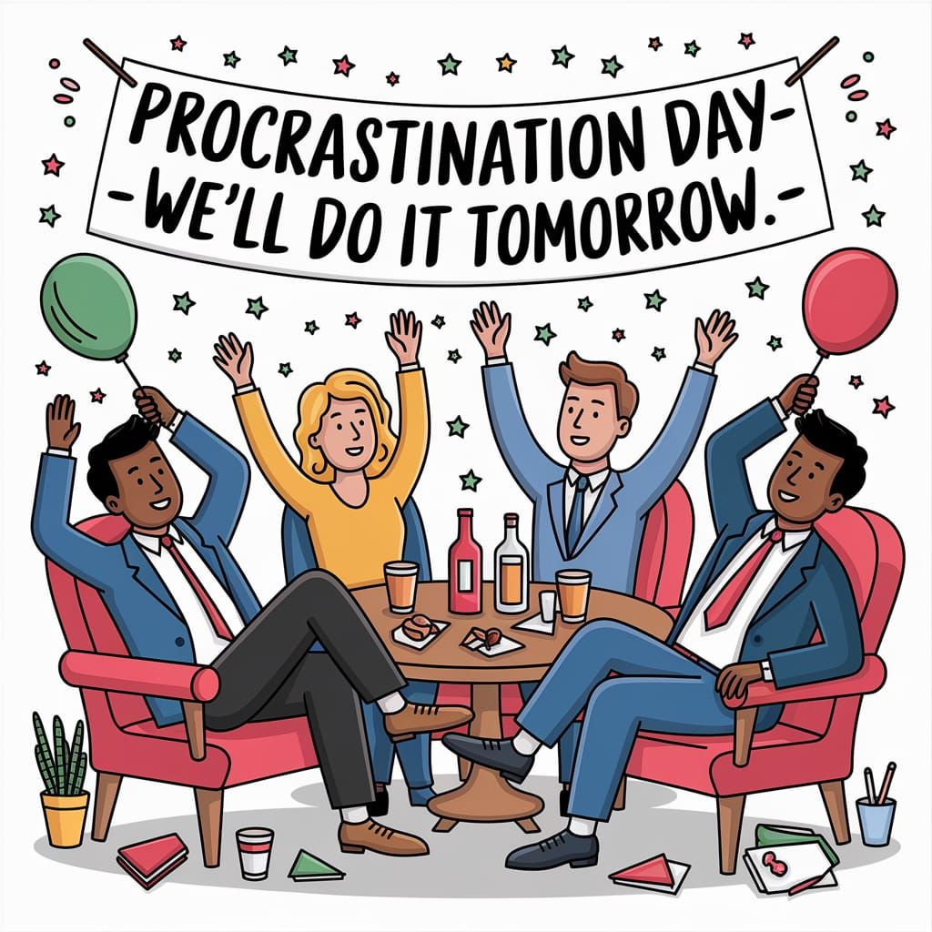 Scott Adams style. People relaxing, celebrating at a party. A banner reads, "Procrastination Day--We'll Do It Tomorrow."