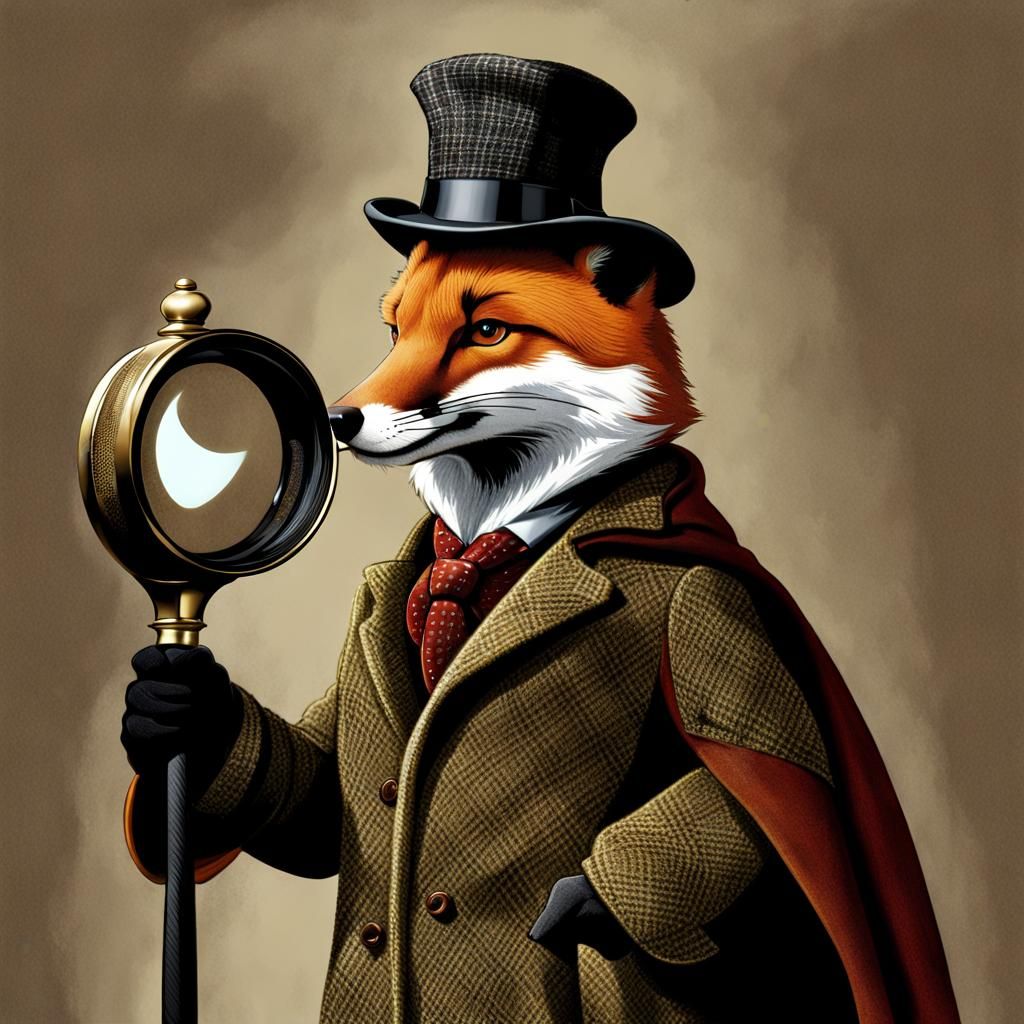 Fox as Sherlock Holmes with Magnifying Glass