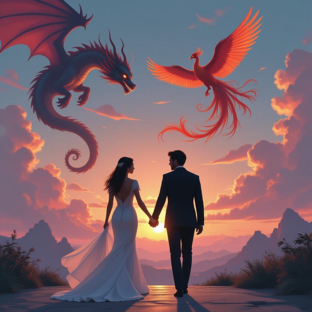 Dragon and Phoenix Soar Above Couple, Digital Matte Painting