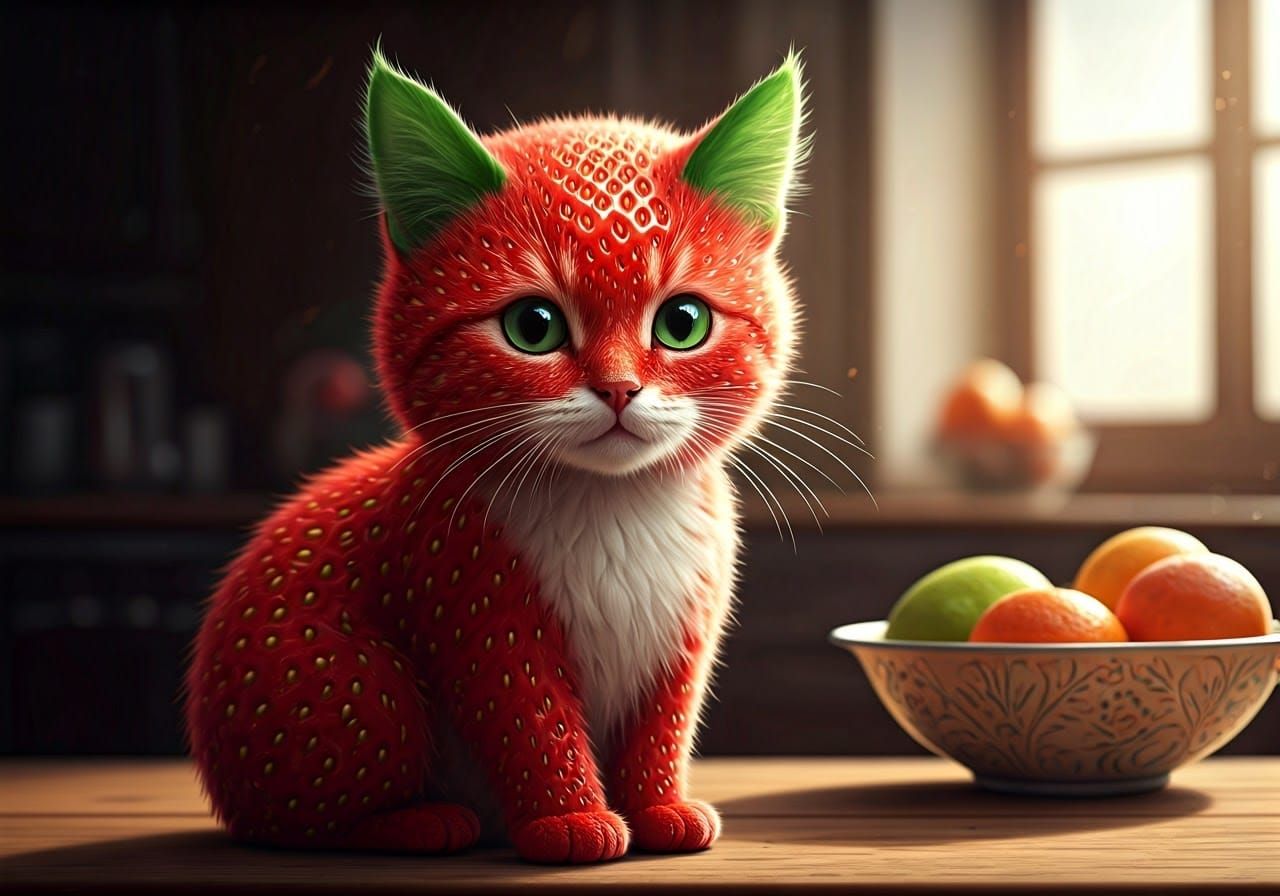 Whimsical Strawberry Cat in a Sunny Kitchen