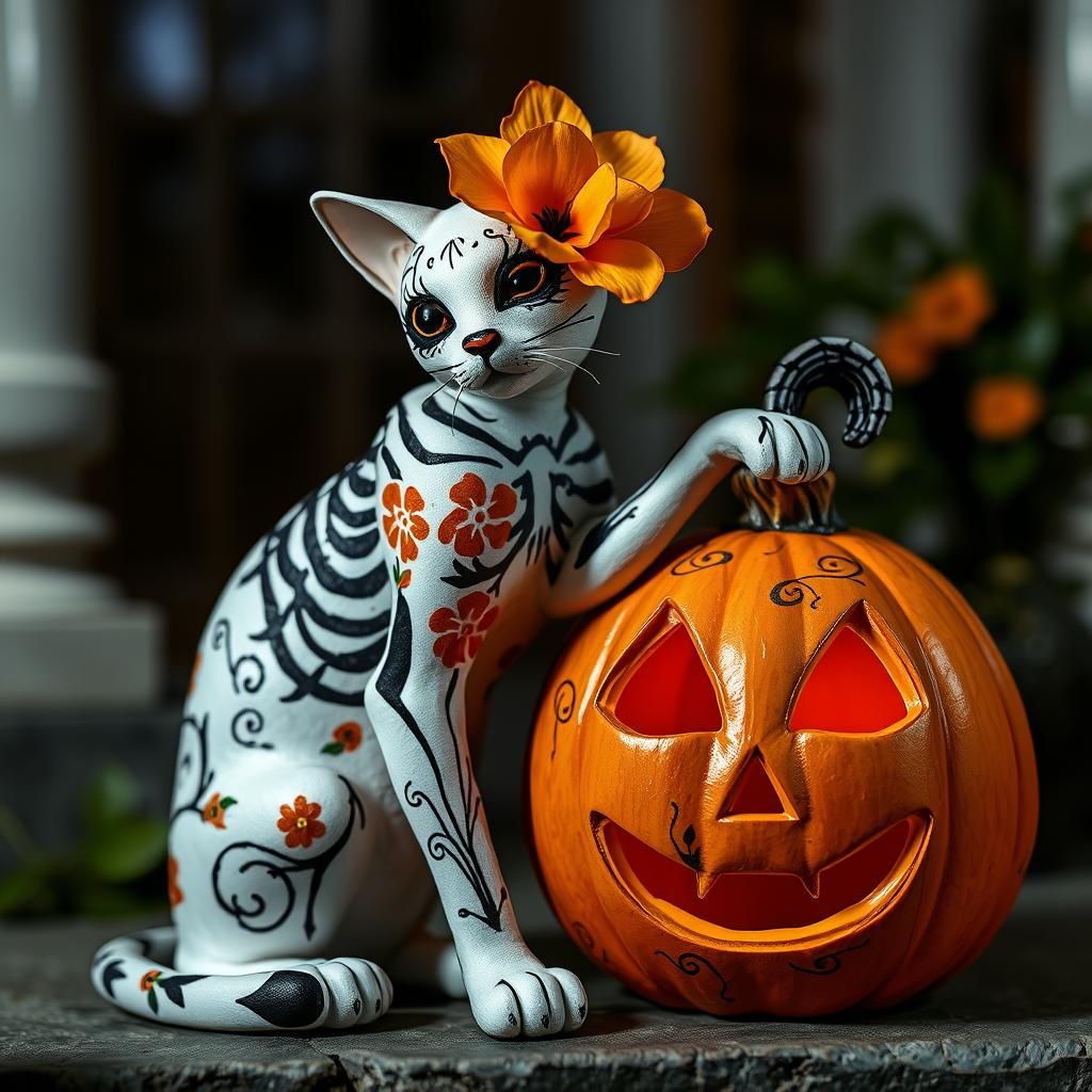 Surreal Floral Cat Figurine on Porch at Night