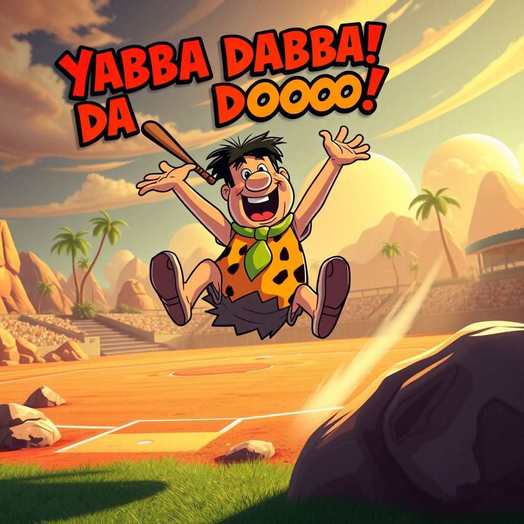 Fred Flintstone's Joyful Leap in Bedrock