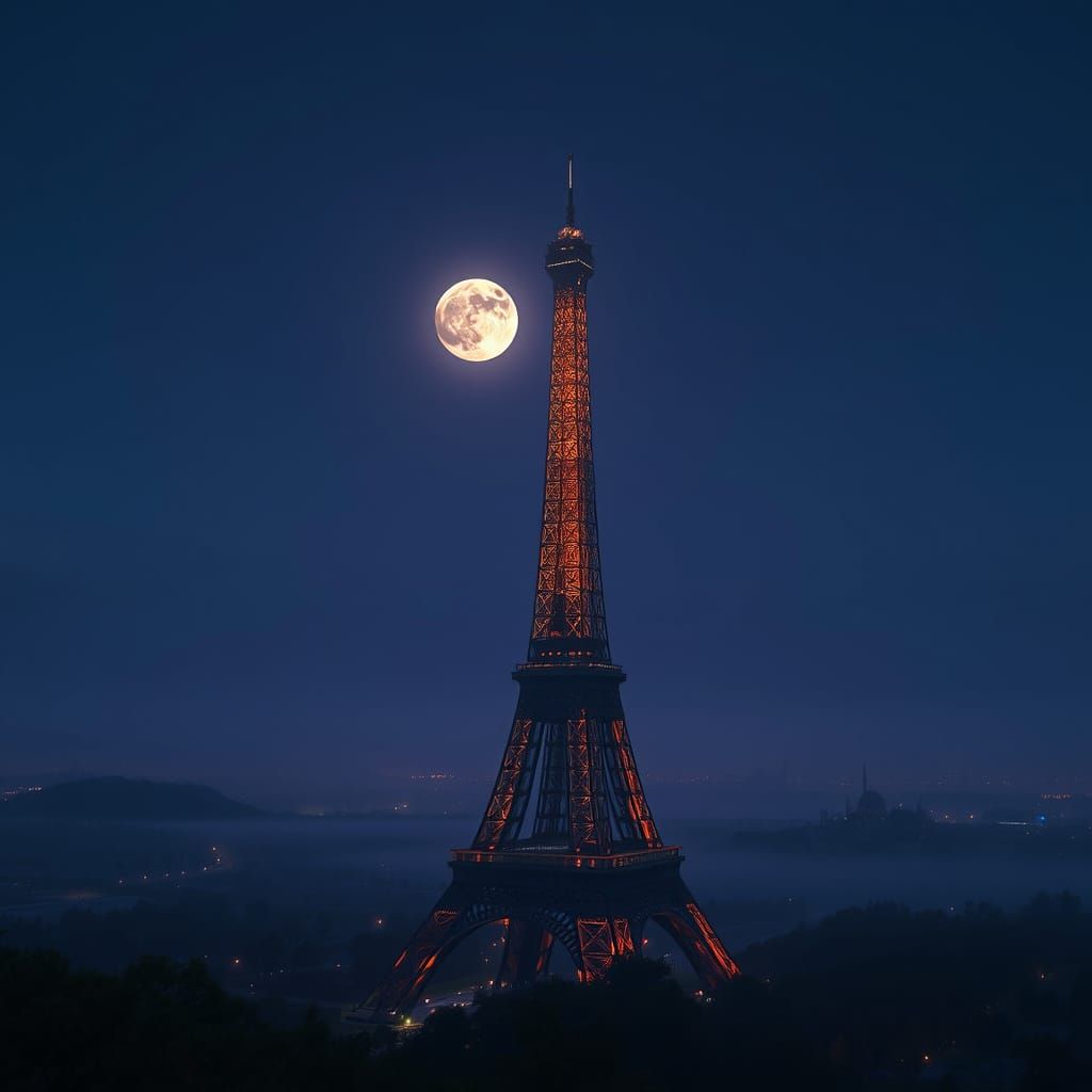 Eiffel Tower Under Neon Moonlit Berg