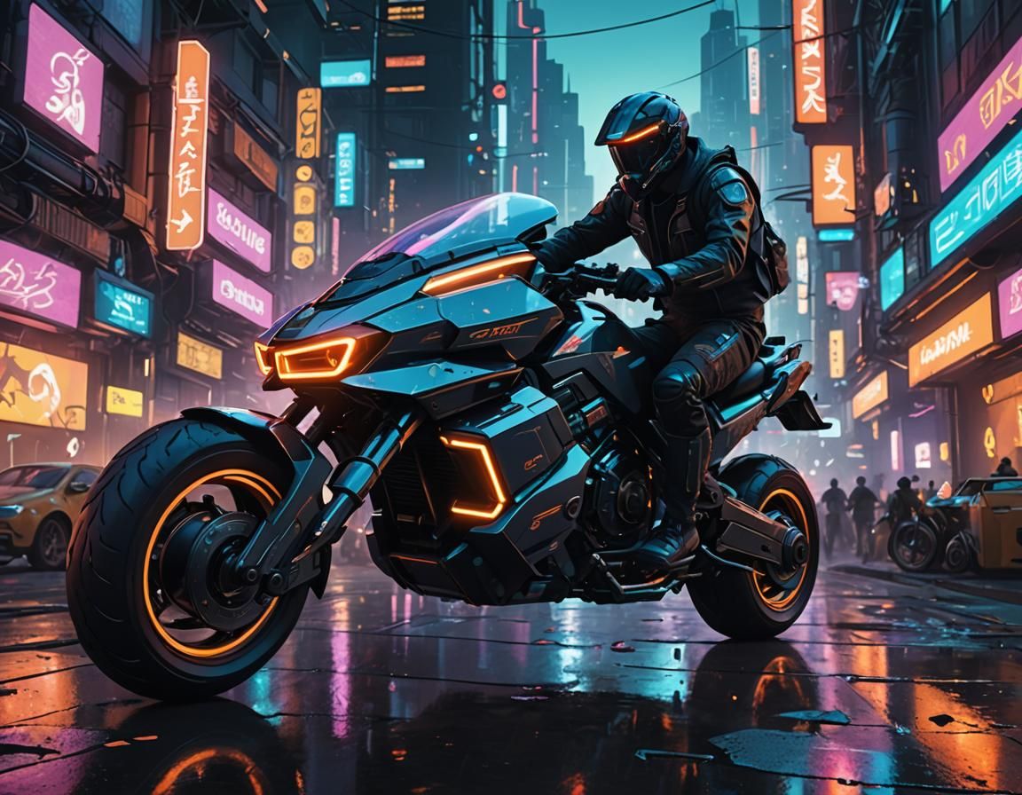 Futuristic Hoverbike in Neon Cyberpunk Cityscape