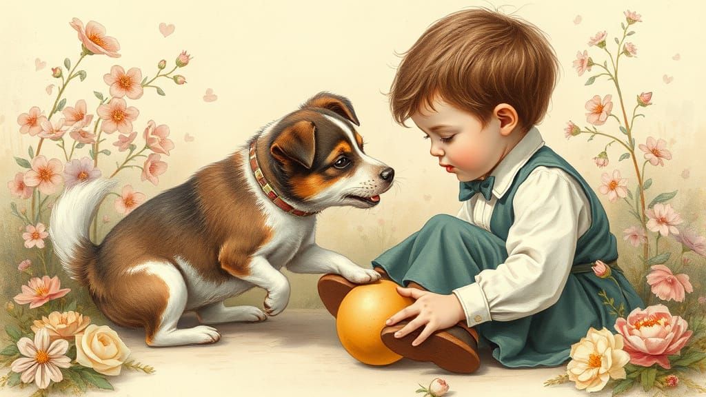 Victorian Man and Dog Playing, Waterhouse Style