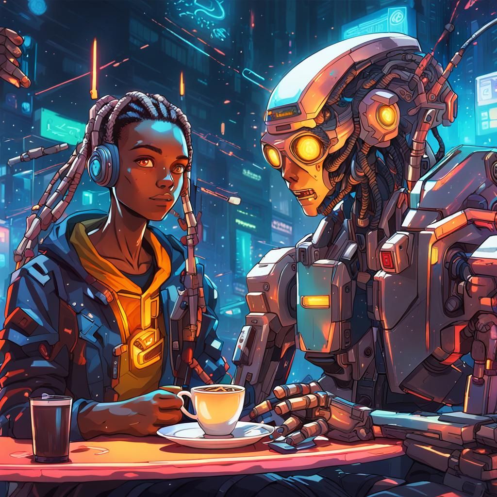 Cyberpunk Cafe Scene in Vibrant Anime Style