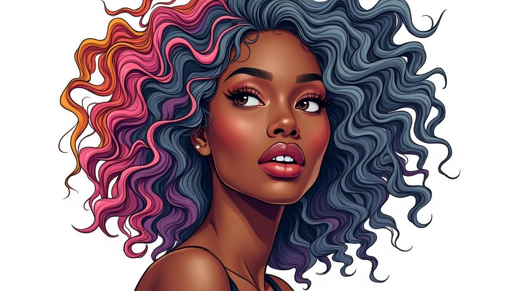 Pop Art Black Woman with Colorful Wavy Hair