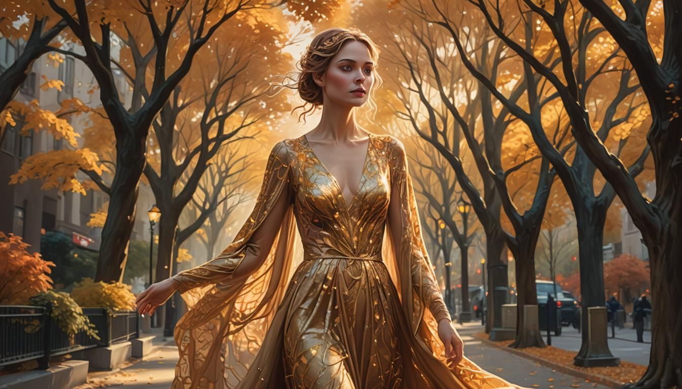 Ethereal Woman in Autumn Cityscape, Hyperrealistic Art