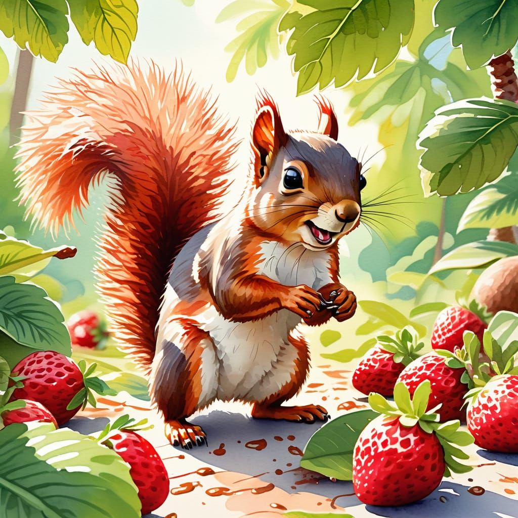 Squirrel Cracking Coconut in Strawberry Field Watercolor
