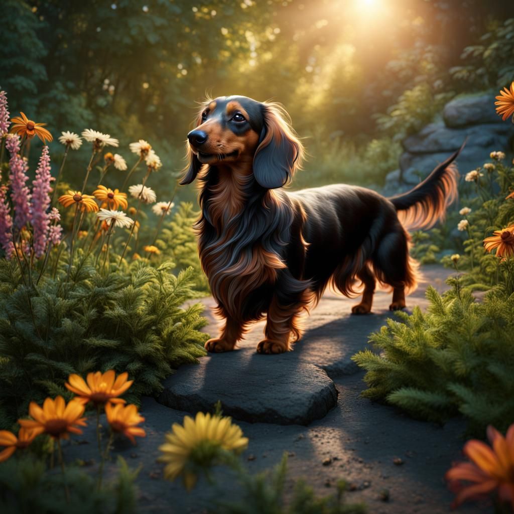 Happy Longhaired Dachshund in Detailed Digital Painting