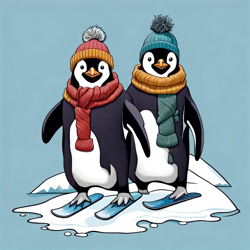 2 penguins skiing on ice floe