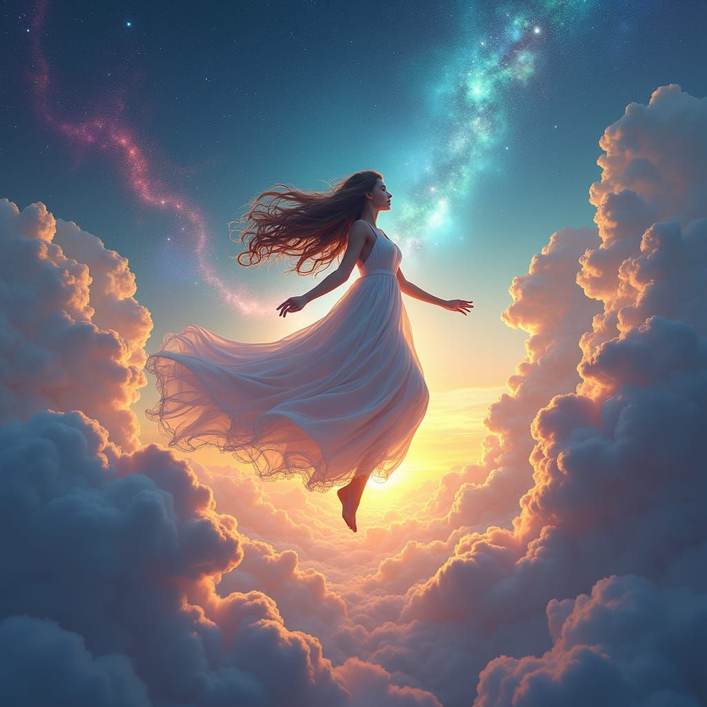 Dreamlike Woman Floating in a Cosmic Sky