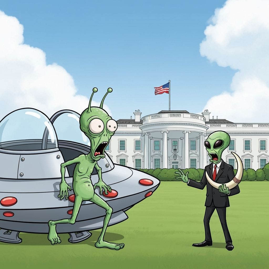 Cartoon Alien Lands UFO at White House