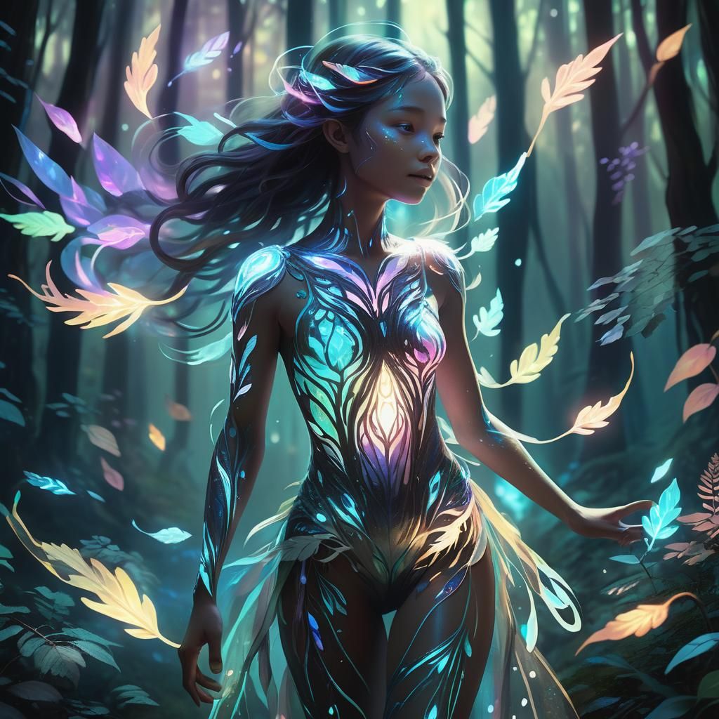 Ethereal Being Emerges from Bioluminescent Forest