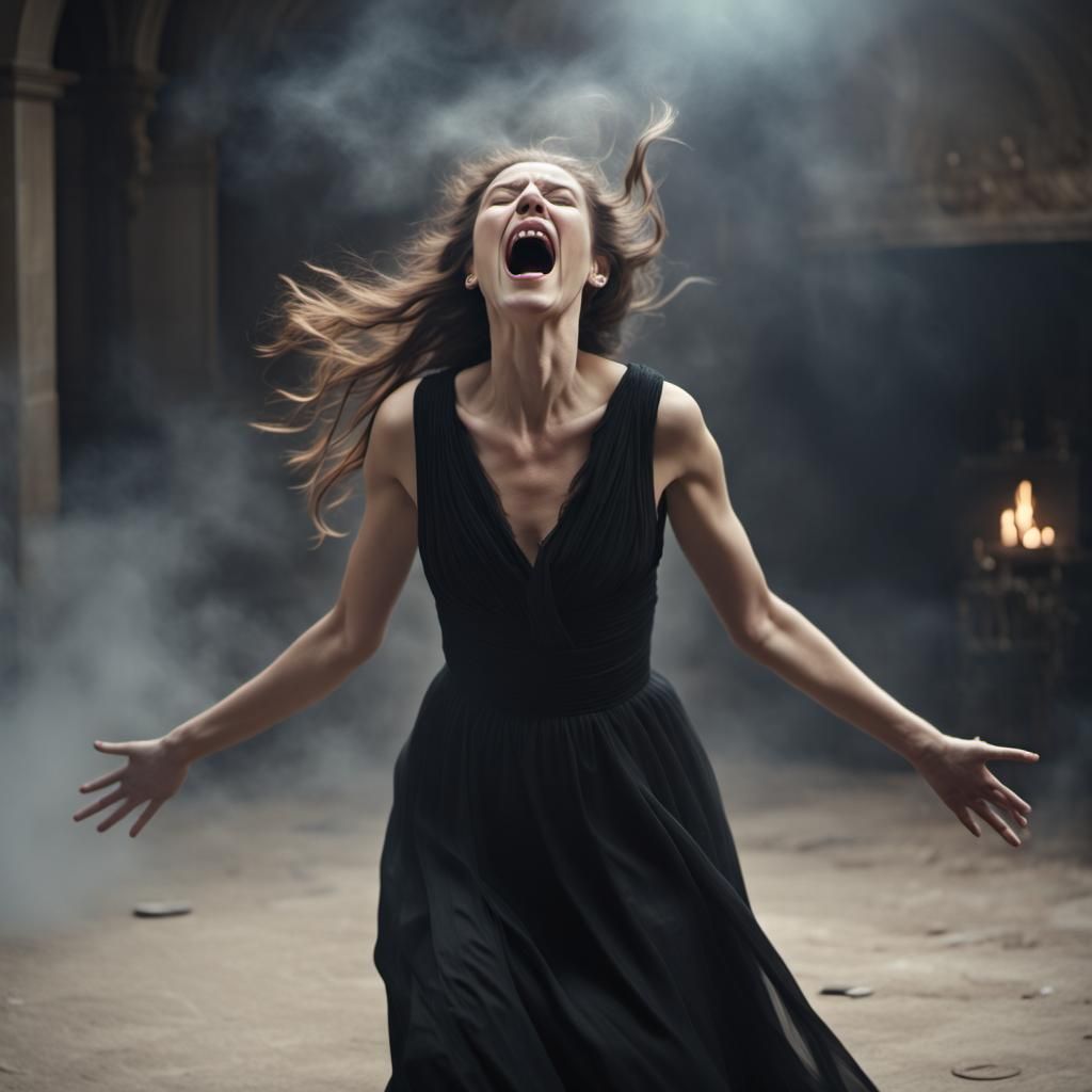 Despairing Woman in Black Dress, Hair to Dust