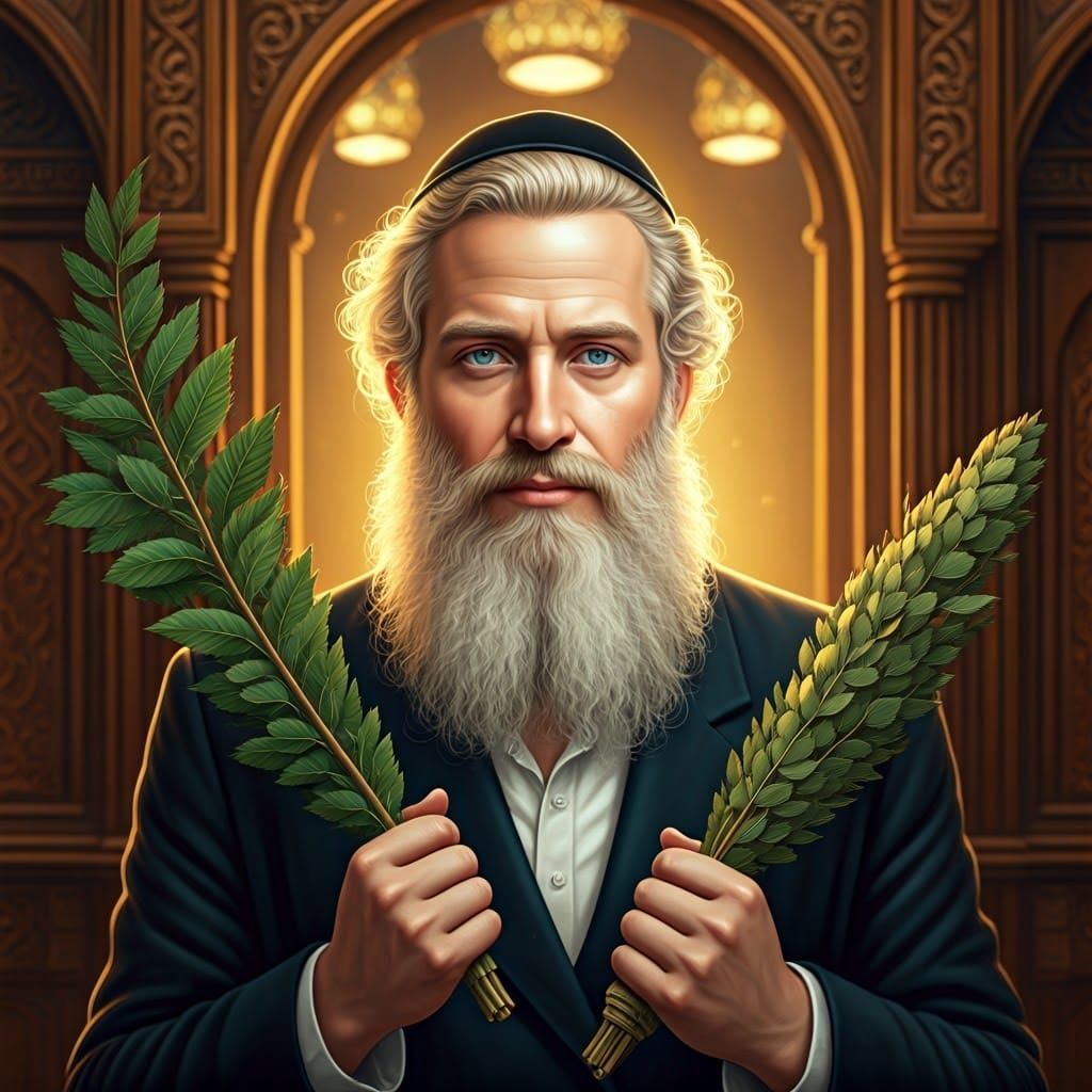 Chassidic Rabbi Holding Lulav in Folk Art Style